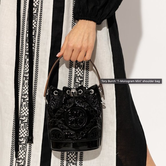 NWT Tory Burch Mini T Monogram Puffy Patent Leather Bucket Bag Crossbody Black - Picture 2 of 12